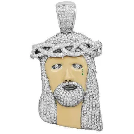 14K Solid White Gold Mens Diamond Jesus Head Pendant 17.00 Ctw