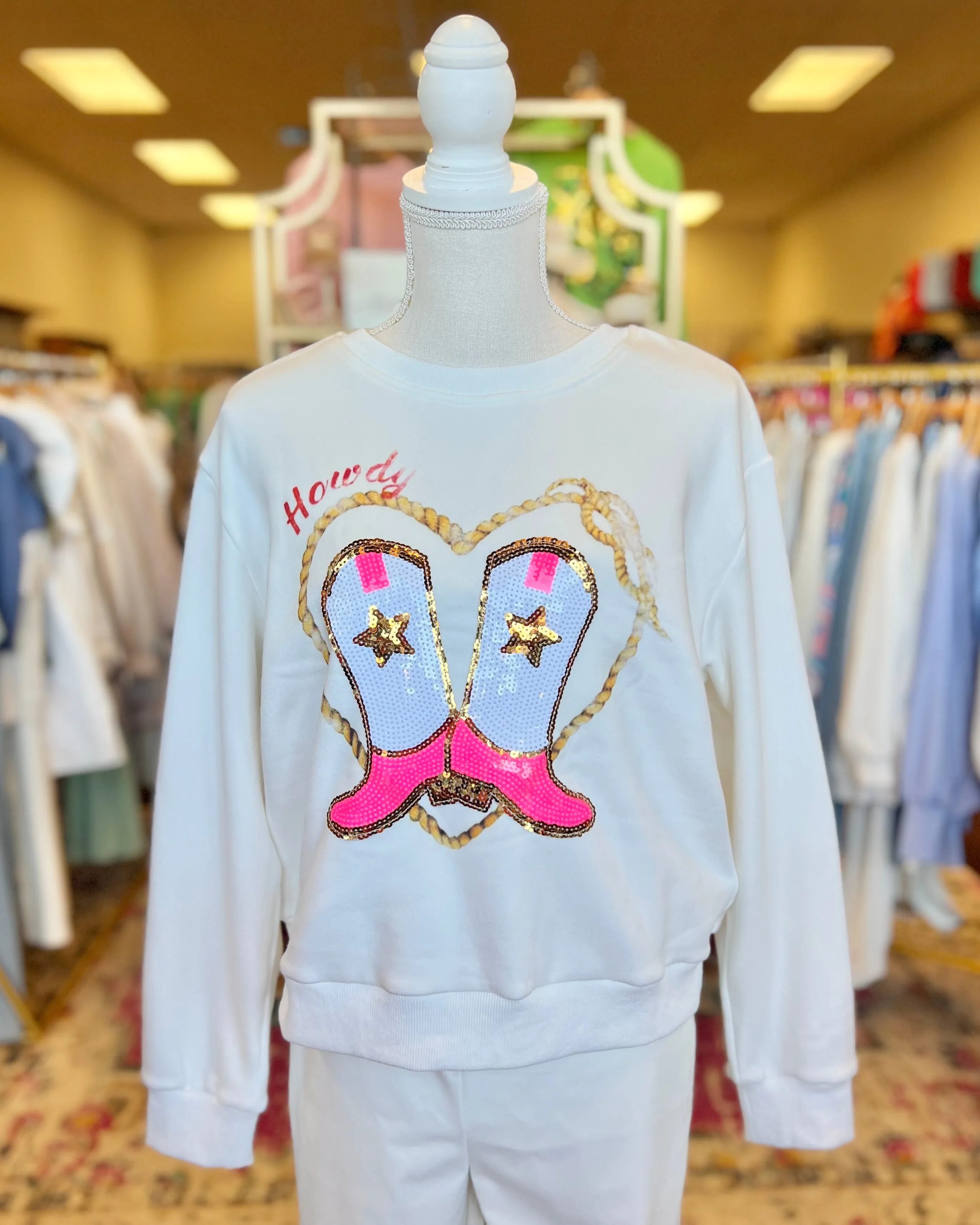 Howdy White Graphic Sequin Boot Long Sleeve Sweatshirt